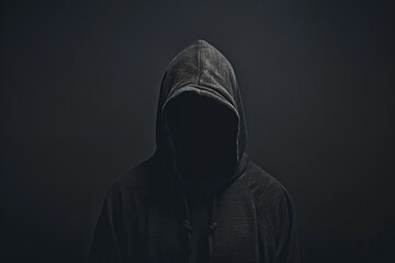 A mysterious and atmospheric portrait of a person with a hidden face, wearing a dark hoodie, standing against a dark background, creating a sense of anonymity and intrigue