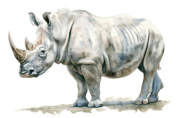 Obraz premium Rhinoceros. Artistic watercolor illustration style. Isolated against a white background. Creative and conceptual wildlife animal artwork. Abstract brush strokes with realism. Ideal for diverse porject