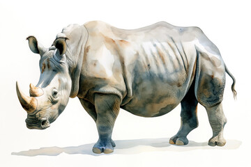 Rhinoceros. Watercolor illustration style. Isolated on a bright white background. Creative and conceptual wildlife animal art. Abstract brush strokes with realism. Suitable for various print or digita