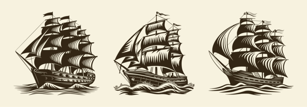Old sailboat. Royal clipper ship with waving flag and sails. Pirate ship sailboats in sea storm waves, sailing ship in retro hand drawn engraving style. Vector set