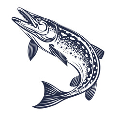 Fototapeta premium Pike fish. River pike predator in monochrome vintage style in jump dynamic pose for fishing emblem and label. Vector isolated logo retro illustration