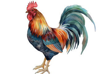 Fototapeta premium Rooster. Hand-painted watercolor illustration style. Isolated on a white backdrop. Conceptual wildlife animal artwork. Abstract brush strokes combined with realism. Perfect for print or digital design