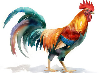 Fototapeta premium Rooster. Watercolor illustration style. Isolated on a clean white background. Creative conceptual wildlife animal art. Abstract brush strokes mixed with realism. Ideal for any print or digital project