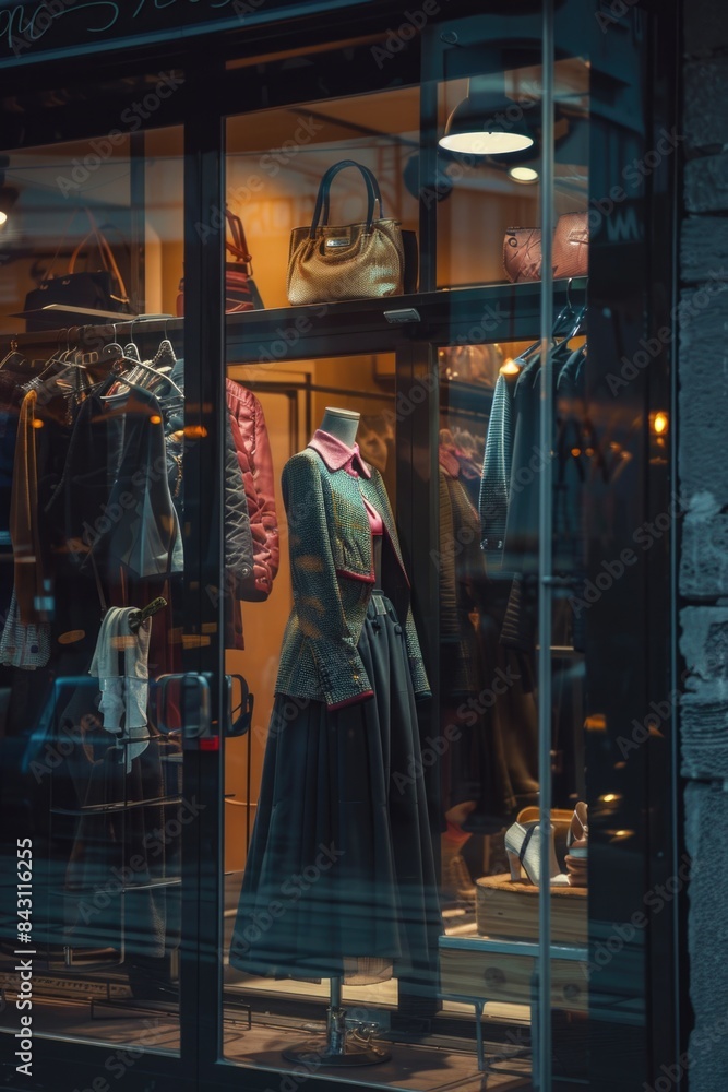 Poster a store window display featuring a mannequin holding handbags, ideal for use in fashion or retail-th
