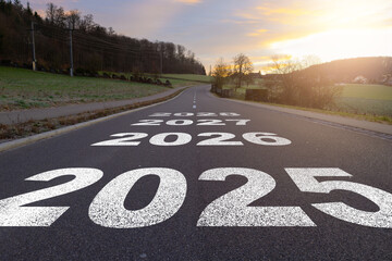 Summer asphalt curvy road with new year numbers 2025, 2026, 2027, 2028. New Business start concept.