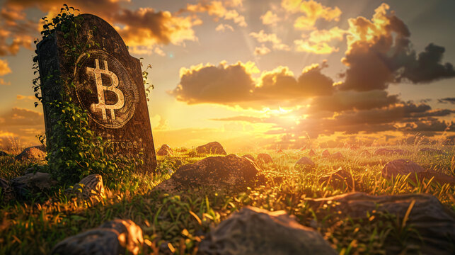Evocative image of a tombstone with a bitcoin symbol, symbolizing the demise of cryptocurrency