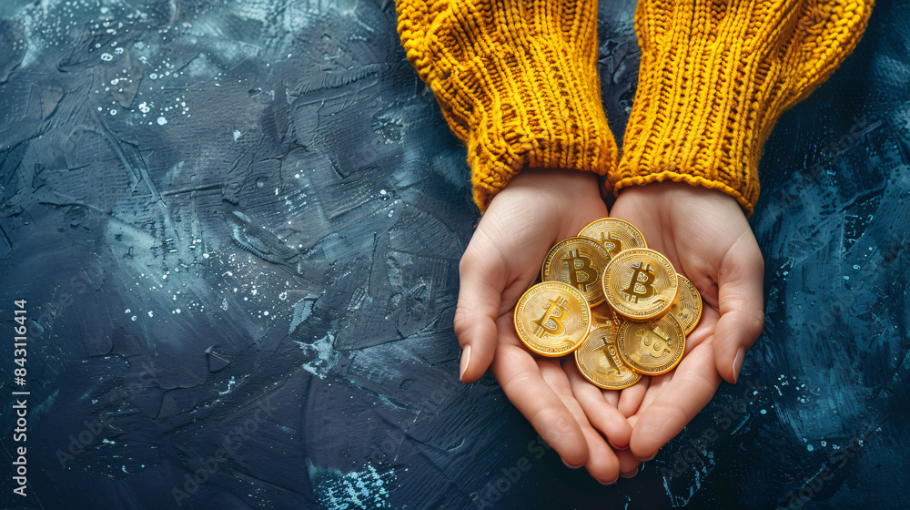 Aufkleber close-up of hands in a yellow sweater holding bitcoin cryptocurrency coins against a moody backdrop