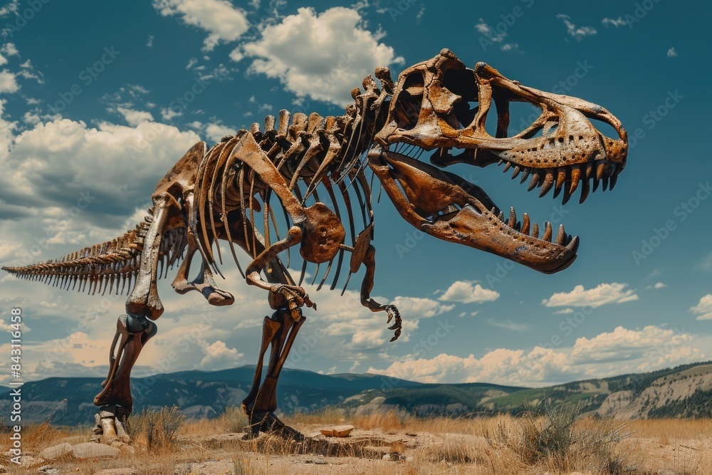 Aufkleber Fossilized skeleton of a T-Rex found in an open field, providing a unique glimpse into prehistoric times
