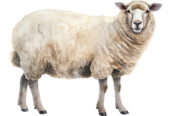 Fototapeta premium Watercolor white sheep illustration in a unique style, standing out against a white background. This farm animal art piece combines abstract brush strokes with touches of realism