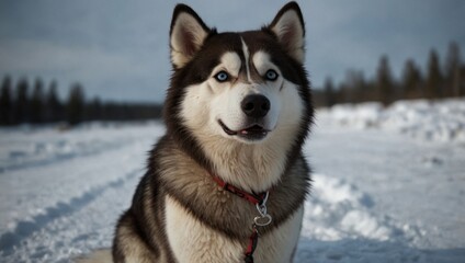Naklejka premium A husky dog ​​sits on the snow while sled tracks appear on the snow