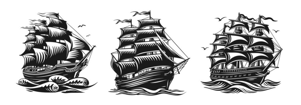 Vintage sailboat. Clipper ship black and white sketch. Pirate ship sailboats in sea waves, sailing ship in retro hand drawn engraving style. Vector set