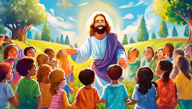 Jesus Christ speaking, telling a story to a group of children sitting in front of him