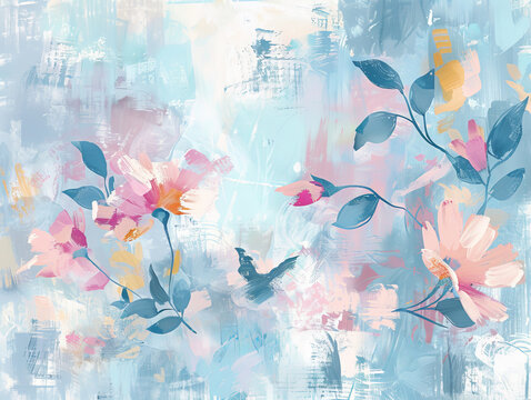 Pastel floral abstract painting. Beautiful abstract painting with pink and blue brushstrokes, featuring delicate flowers and leaves.