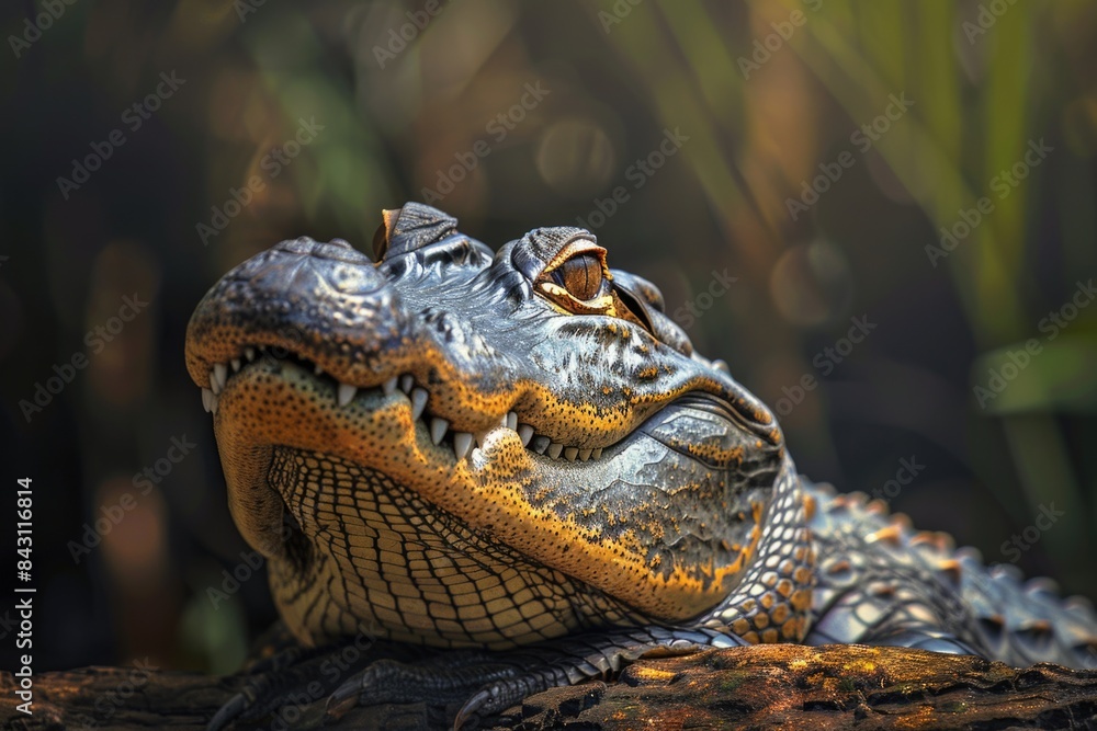 Poster A close-up view of an alligator's head resting on a log, providing a unique perspective