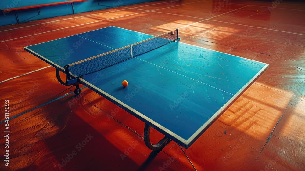 Poster a ping pong table with a single ball resting on its surface, ready for play