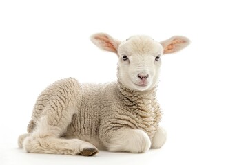 Fototapeta premium A young sheep resting on a white surface