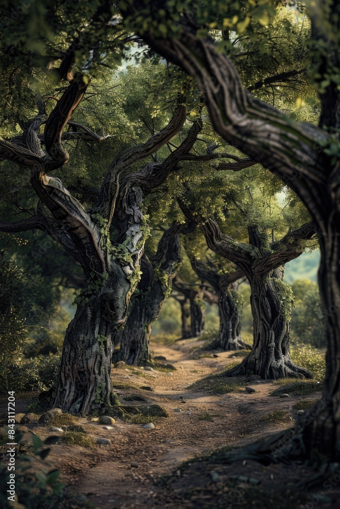 Poster a dirt path surrounded by trees in a forest