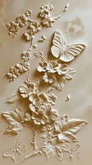 Beautiful butterfly 3d relief wallpaper. Mural wallpaper. Wall art. AI generated illustration.