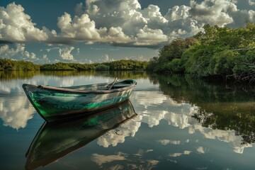 Obraz premium A small boat floats on the surface of a calm lake, providing a serene and peaceful atmosphere