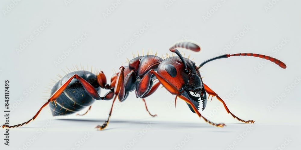 Poster a close-up of a red and black insect sitting on a white surface, with minimal background distraction