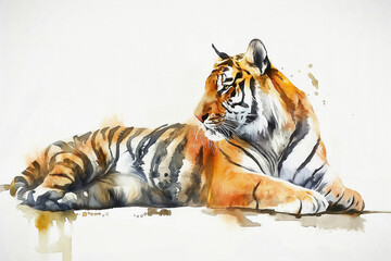 Obraz premium Illustration of a tiger in watercolor style, isolated on a white background. This creative wildlife art piece uses abstract brush strokes with realistic elements. Ideal for enhancing any print or digi