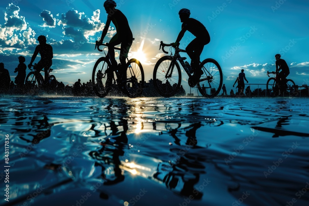 Sticker A group of people ride bicycles along the beach at sunset, with palm trees and ocean waves in the background