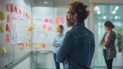 Group collaboration in a modern office space, team brainstorming and analyzing ideas on a whiteboard with sticky notes.