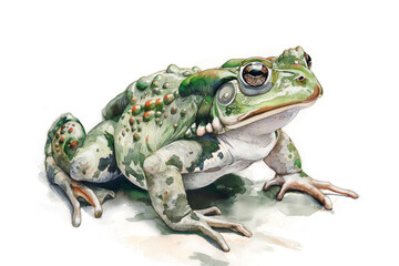 Fototapeta premium A vibrant watercolor illustration of a toad, isolated against a clean white background. This creative and conceptual wildlife art blends abstract brush strokes with realistic details, ideal for print 