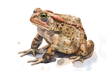 Naklejka premium Toad watercolor illustration style, beautifully isolated on a pristine white background. An imaginative and conceptual wildlife animal artwork. Merging abstract brush strokes with hints of realism