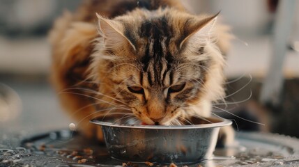 A domestic cat enjoying its meal from a metal food bowl
