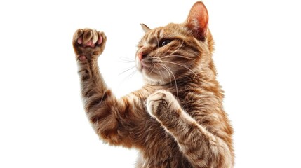 A curious cat standing on its hind legs, holding its paw up in the air