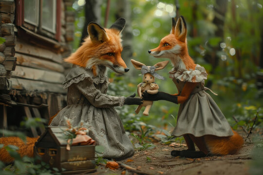 Cute mother fox with a fox cub on the edge of the forest in front of her house. Mom gives her daughter a stuffed rabbit