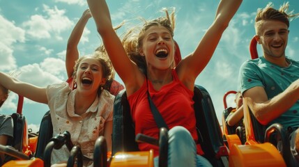 A group of people enjoying a ride on a roller coaster, suitable for use in theme park or entertainment related contexts