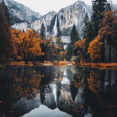 Naklejka premium Yosemite Fall. Majestic Autumn Landscape with Mountain Lake and Forest