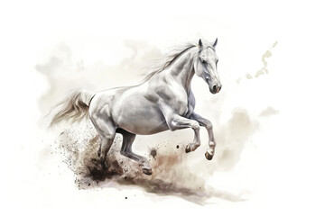 Watercolor illustration of a white horse in a wildlife style, isolated on a white backdrop. Creative conceptual animal art using abstract brush strokes infused with realism. Ideal for any print