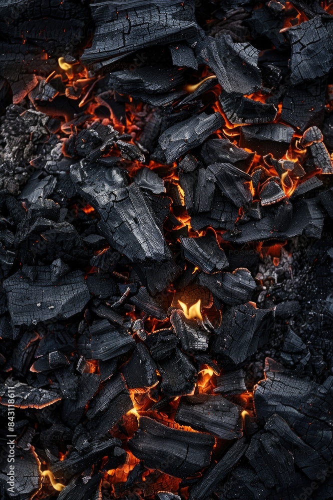 Poster A pile of black coal with visible flames burning in the background, suitable for use as a concept image or to represent energy and power