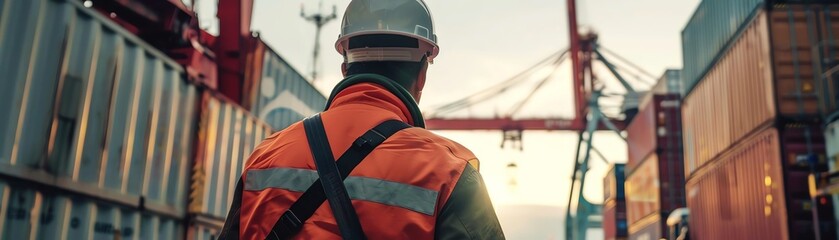 Dockworker directing crane, handling cargo, busy port, focus on coordination