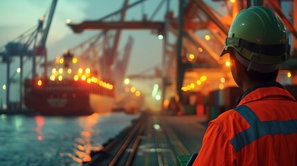 Dockworker handling heavy load, busy port, cranes in distance