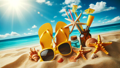 Yellow Sandals and Glasss on the Beach