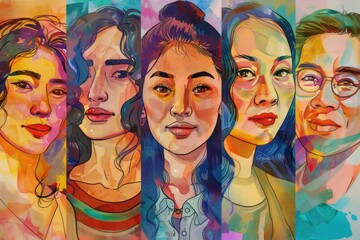 A painting of various individuals showcasing unique facial expressions and features