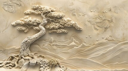 Beautiful Chinese landscape 3d relief wallpaper. Mural wallpaper. Wall art. AI generated illustration.
