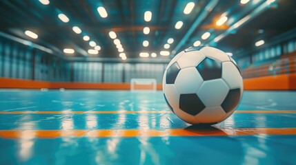 A soccer ball sits on a blue floor