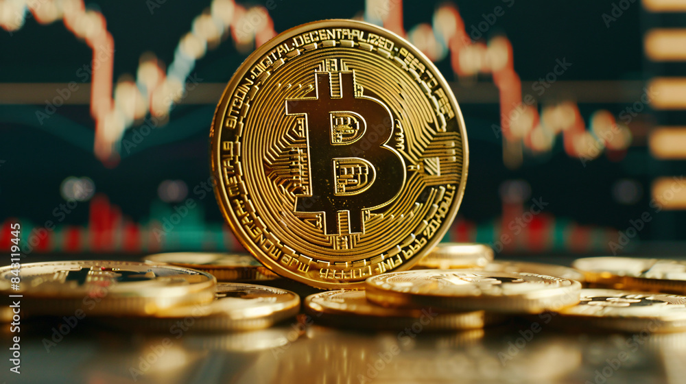 Aufkleber macro shot of a bitcoin coin with blurred cryptocurrency market chart in the backdrop