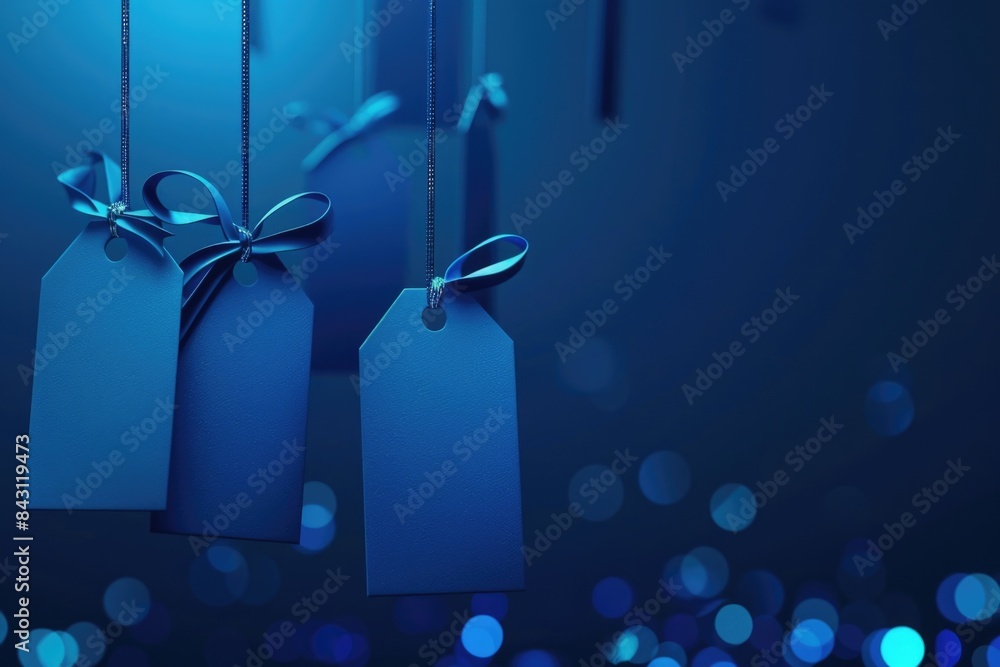Poster a simple design featuring three tags suspended from a string against a blue background
