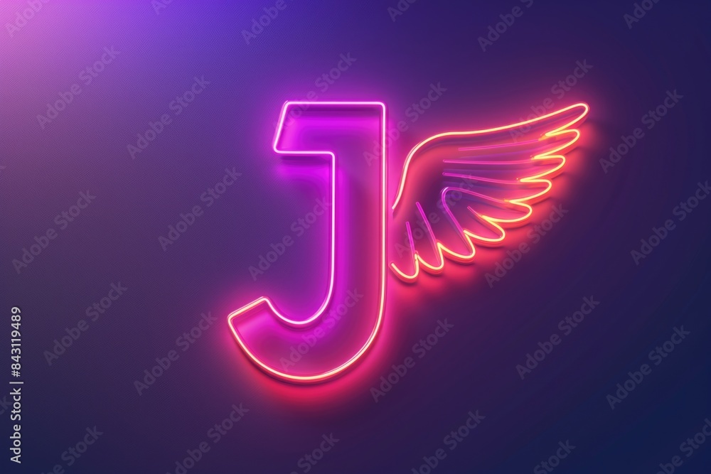 Poster A stylized letter J with neon wings on a dark background, perfect for use in tech-related designs, branding, or futuristic concepts