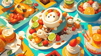 Fototapeta premium Indulge in the mouthwatering delights of scrumptious food straight out of a whimsical cartoon world