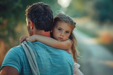 Fototapeta premium A man is carrying a young girl on his back, walking in a urban or natural environment