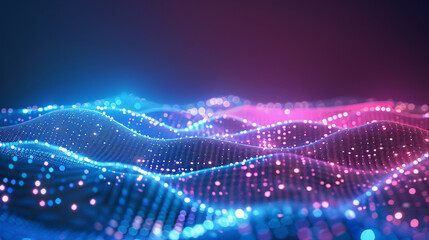 Vibrant digital landscape with flowing blue and purple light dots