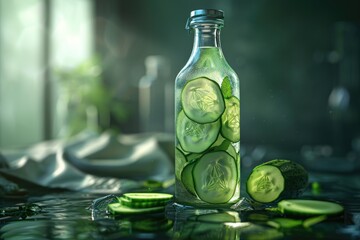 A glass bottle filled with fresh cucumbers sitting on a table
