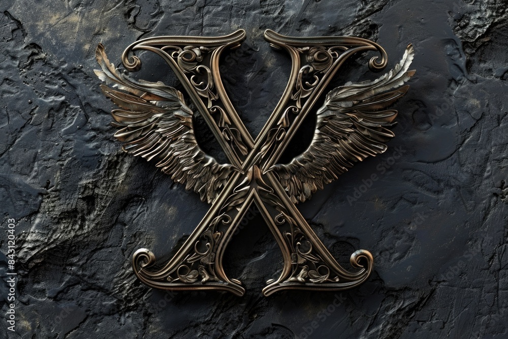 Poster close-up of a metal object featuring wings, possibly an aircraft or vehicle component